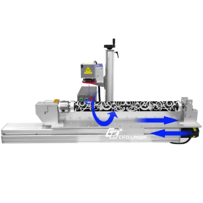 Macchina per incisione laser a fibra/UV/CO2/verde per cilindro di materiale lungo Stecca da biliardo a LED con palo in legno con alimentatore opzionale